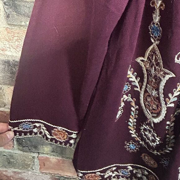 Soft Surroundings Burgundy Purple Embroidered Fleece Lined Cardigan Large - Picture 5 of 7